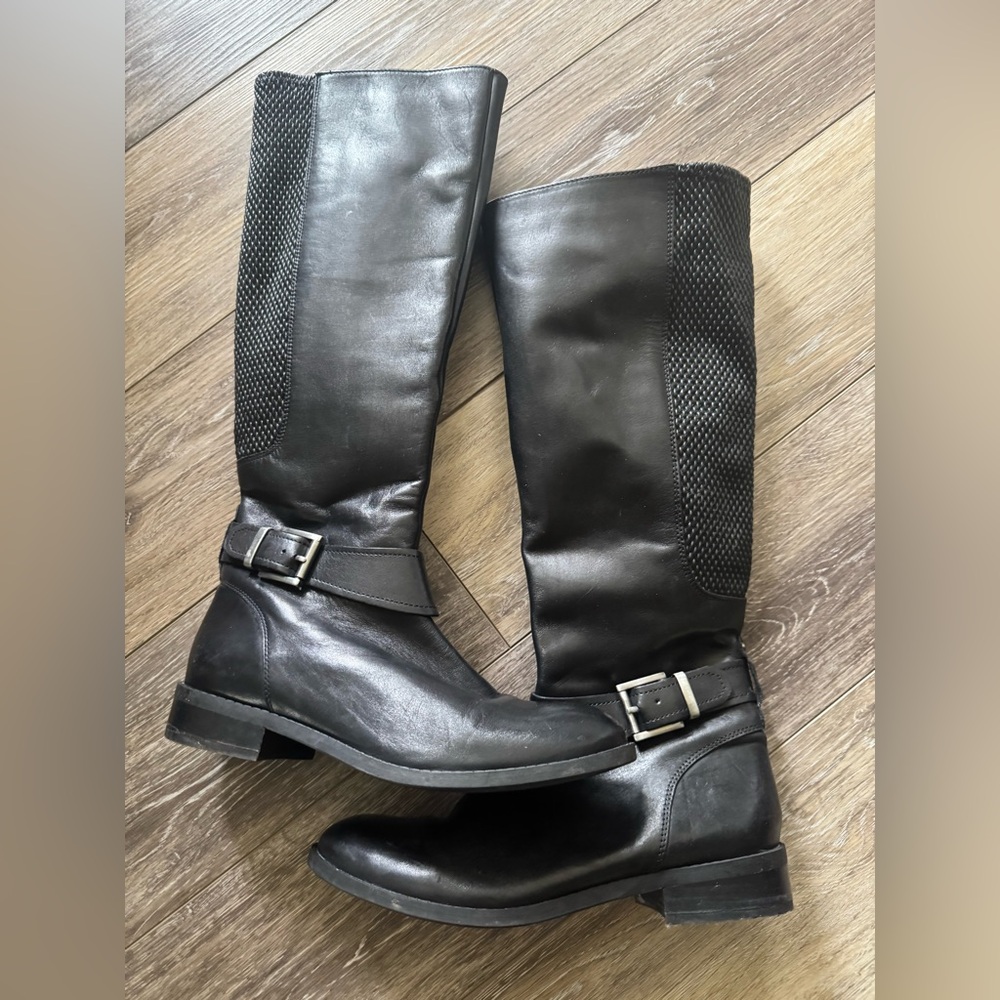 Clarks Pita Dakota Black Leather Riding Moto Buckle Zip Tall Boots Size 8.5